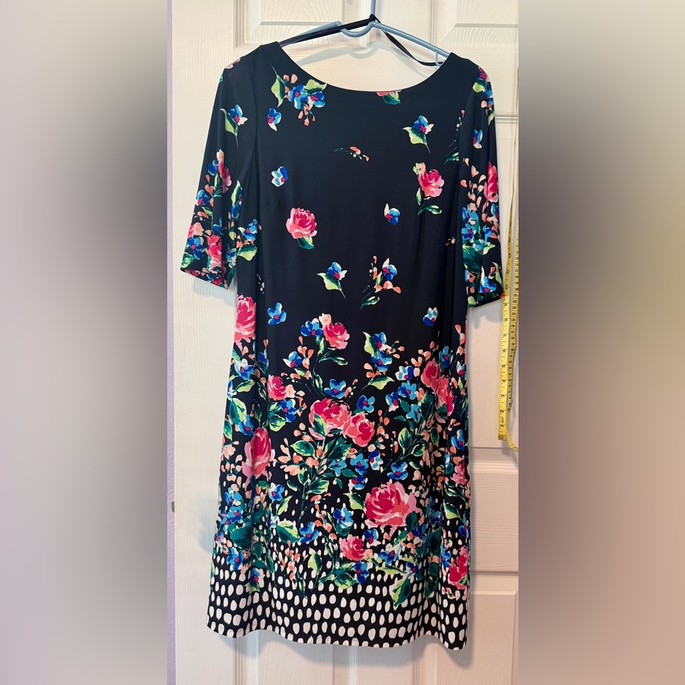 Eliza J Black Dress with Pink and Blue Floral Design